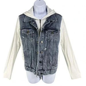 Bailey 44 Womens L Denim White Super Soft Stretchy Arms Hood Back Hidden Zipper